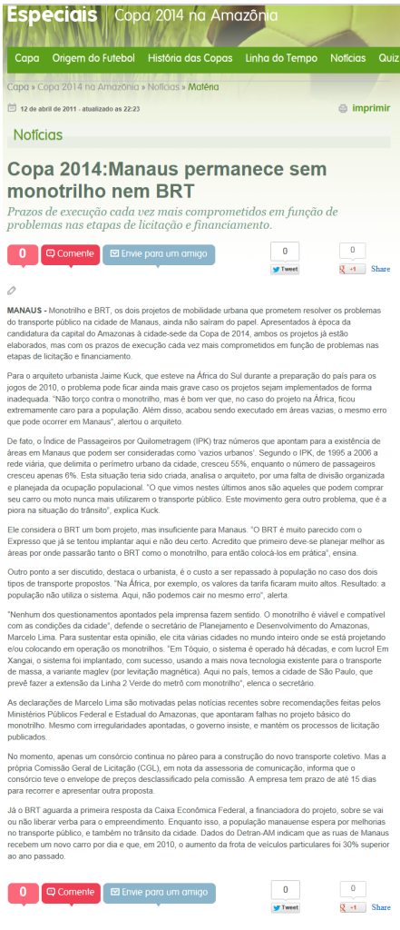 Copa 2014: Manaus permanece sem monotrilho nem BRT